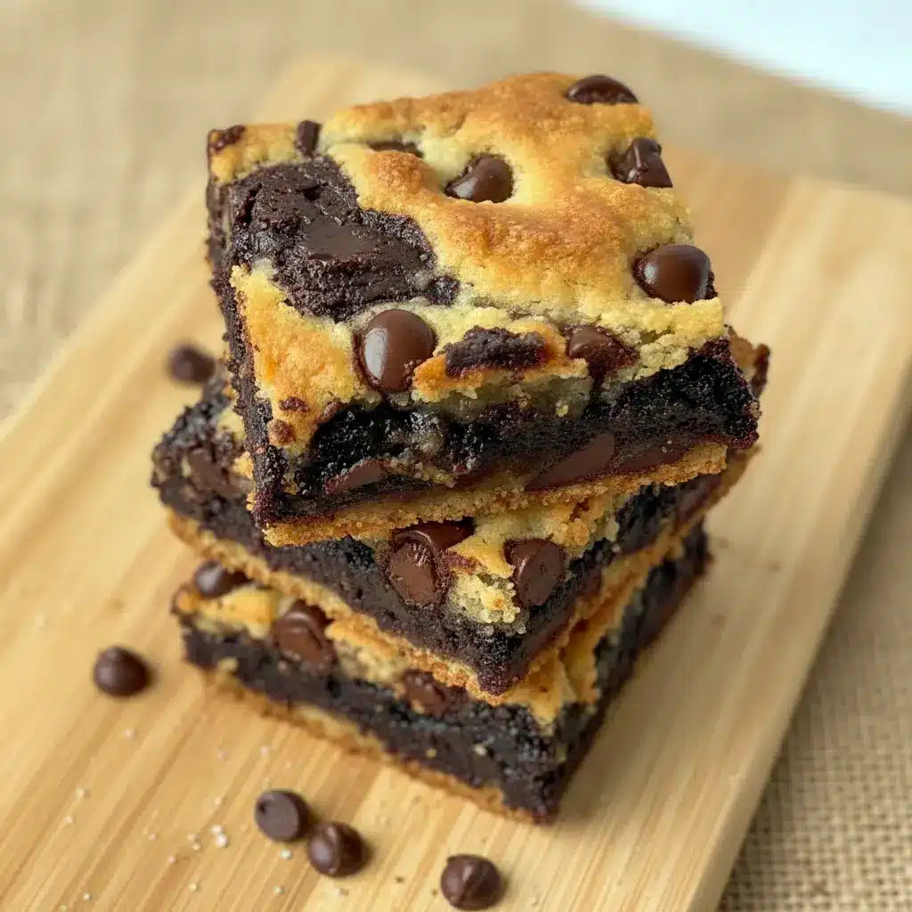 Stacked squares of Almond Flour Brownies No Sugar layered into a decadent Gluten Free Brookie, showing chewy cookie swirls over fudgy brownie layers with melty chocolate chips on top.