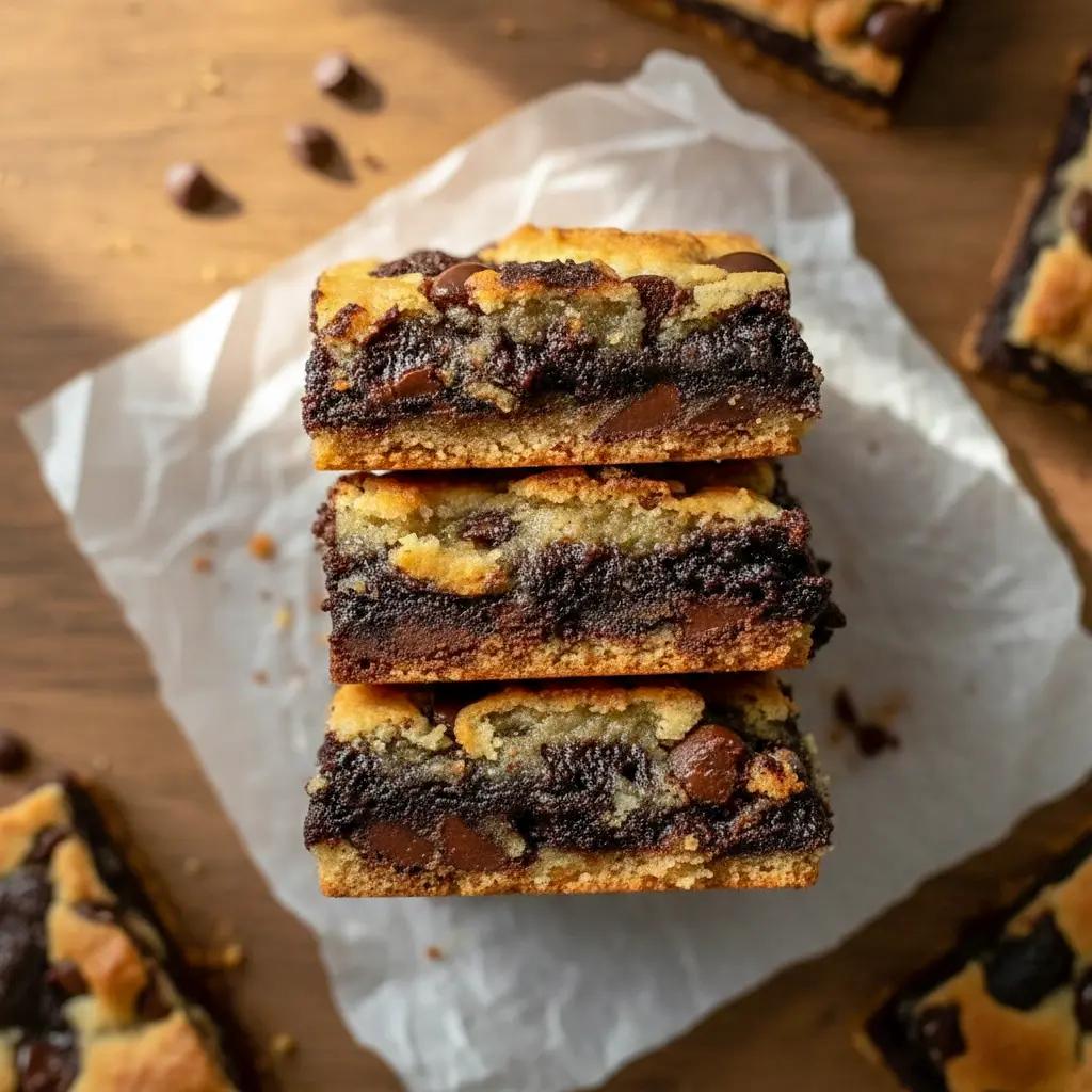 Stacked squares of Almond Flour Brownies No Sugar layered into a decadent Gluten Free Brookie, showing chewy cookie swirls over fudgy brownie layers with melty chocolate chips on top.