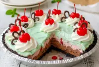 Best Pie Recipes No Bake — Classic Spumoni Fluff Pie1 Classic layered Spumoni Desserts inspired Spumoni Pie with chocolate, cherry, and pistachio fluff layers in an Oreo crust, topped with whipped cream and cherries — one of the prettiest Cold Pies and No Bake Cream Pies for summer gatherings.