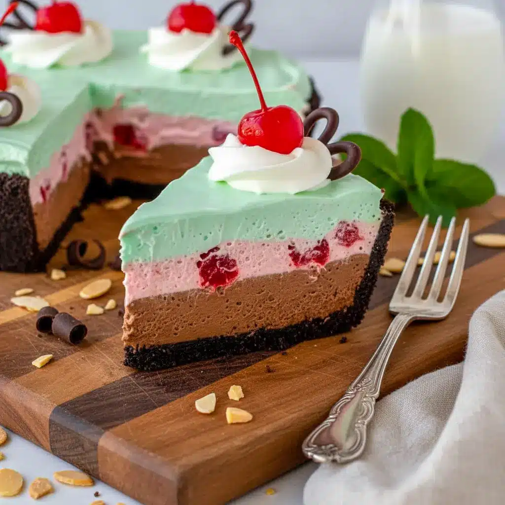 Classic layered Spumoni Desserts inspired Spumoni Pie with chocolate, cherry, and pistachio fluff layers in an Oreo crust, topped with whipped cream and cherries — one of the prettiest Cold Pies and No Bake Cream Pies for summer gatherings.