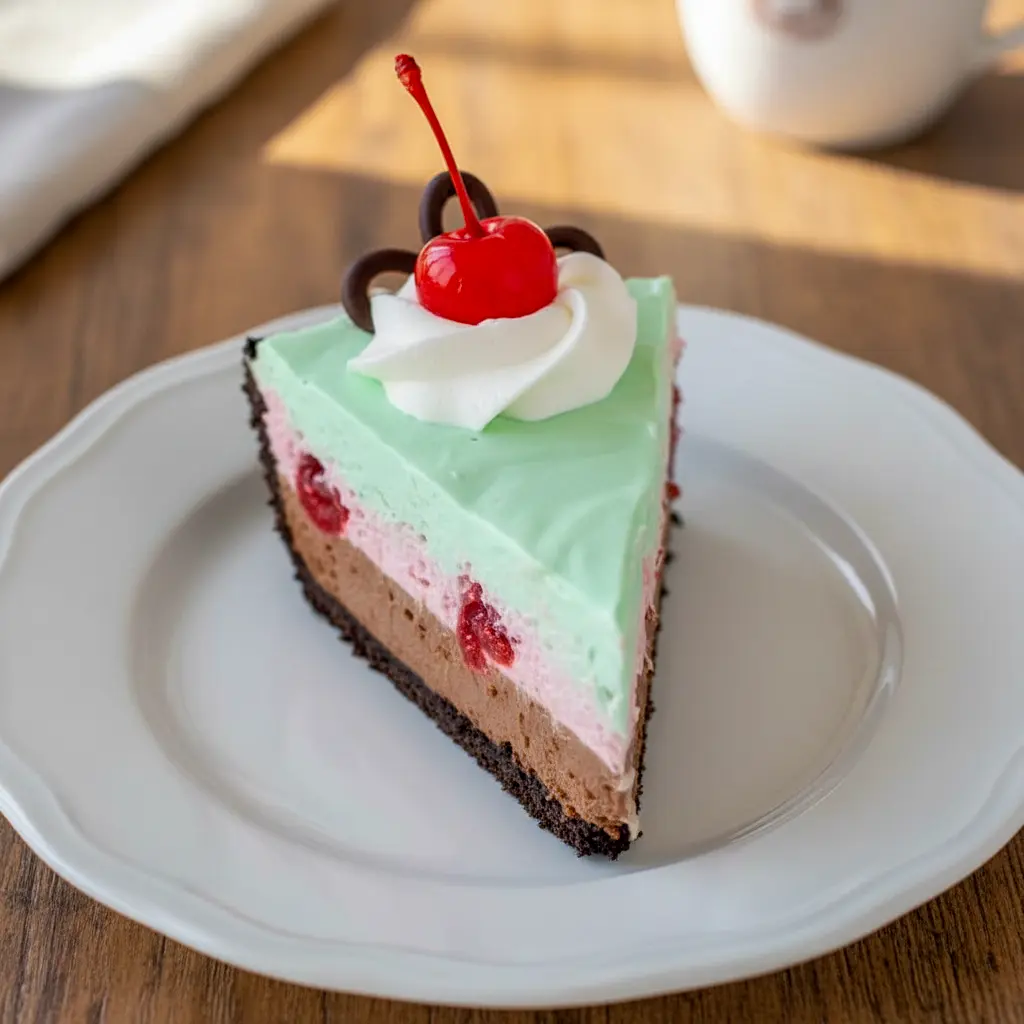 Classic layered Spumoni Desserts inspired Spumoni Pie with chocolate, cherry, and pistachio fluff layers in an Oreo crust, topped with whipped cream and cherries — one of the prettiest Cold Pies and No Bake Cream Pies for summer gatherings.