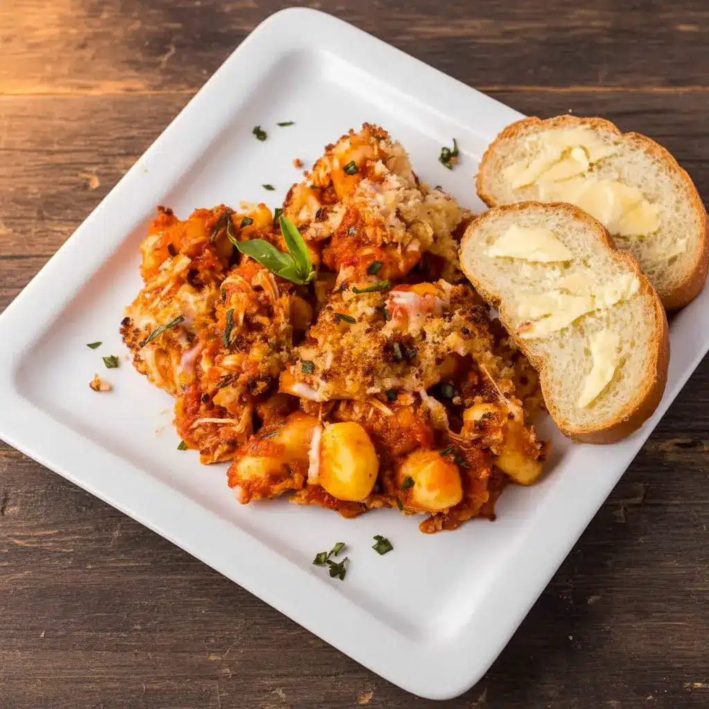 Golden, bubbly skillet of Chicken Parmesan gnocchi topped with melted mozzarella and crispy breadcrumbs, served hot as a hearty Gnocchi Dish for a cozy family dinner.