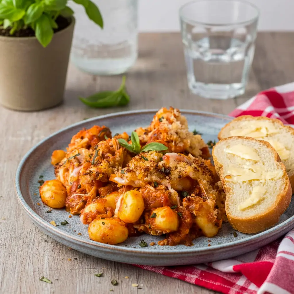 Golden, bubbly skillet of Chicken Parmesan gnocchi topped with melted mozzarella and crispy breadcrumbs, served hot as a hearty Gnocchi Dish for a cozy family dinner.