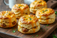 Golden cheddar sausage biscuits styled as a hearty Keto Cooking Recipes favorite, served warm as a satisfying Keto Breakfast With Sausage for an easy Simple Keto Breakfast spread.