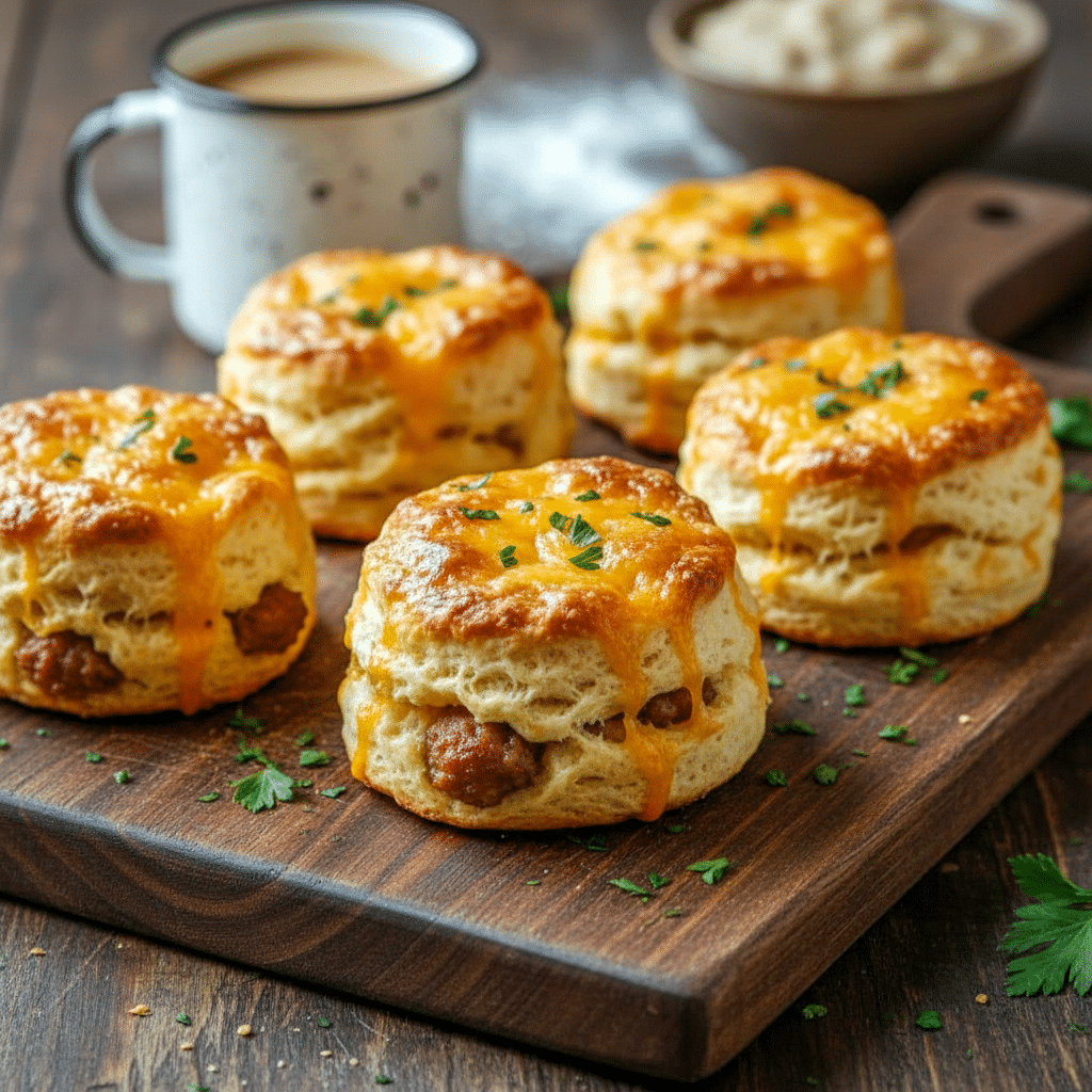 Golden cheddar sausage biscuits styled as a hearty Keto Cooking Recipes favorite, served warm as a satisfying Keto Breakfast With Sausage for an easy Simple Keto Breakfast spread.