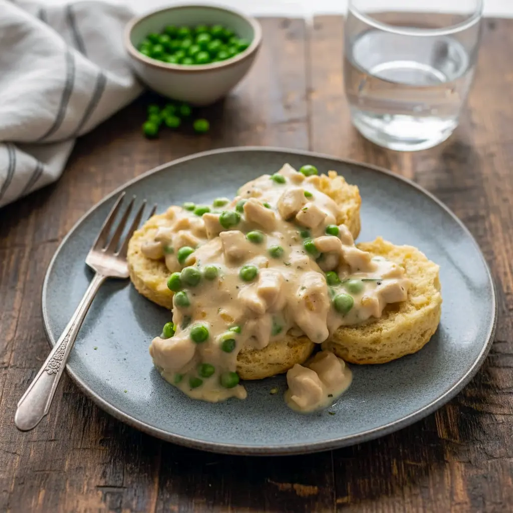 Creamed Chicken Over Biscuits served hot with flaky biscuits and creamy chicken gravy, a classic comfort meal perfect for fans of Cream Chicken And Biscuits and hearty Leftover Chicken And Gravy Recipes.