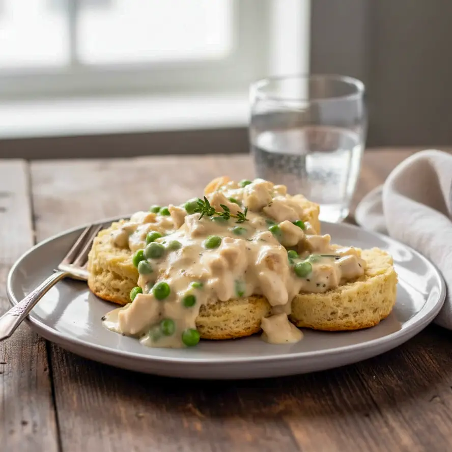 Creamed Chicken Over Biscuits served hot with flaky biscuits and creamy chicken gravy, a classic comfort meal perfect for fans of Cream Chicken And Biscuits and hearty Leftover Chicken And Gravy Recipes.