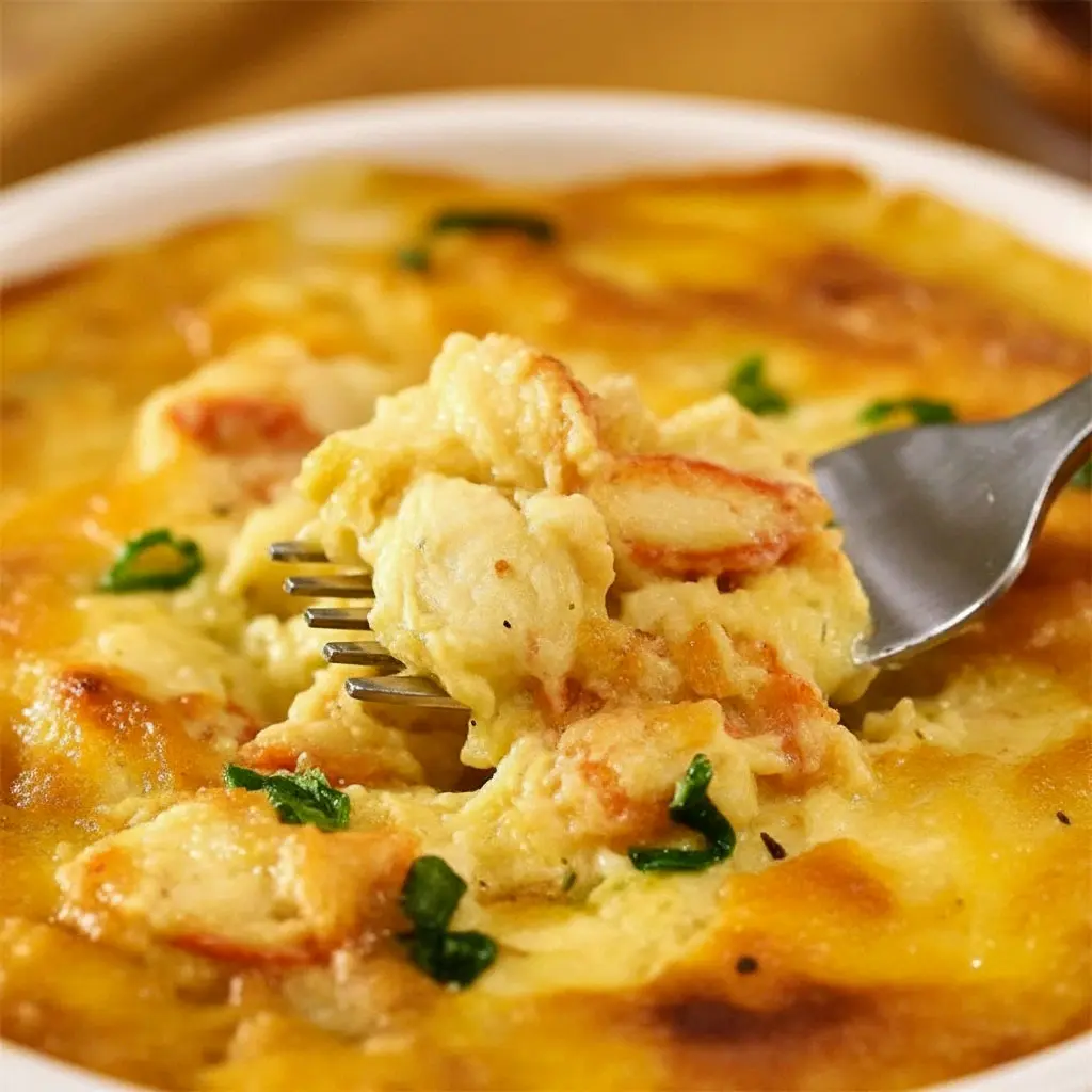 Crawfish Au Gratin Recipe Easy baked in a casserole dish with creamy cheese sauce, tender crabmeat, Cajun spices, and golden melted cheese, styled as a classic Crab Au Gratin New Orleans–inspired seafood dish.