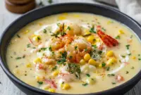 A warm bowl of Crab & Corn Chowder made with sweet corn, tender crab meat, and a creamy broth, garnished with fresh herbs for a comforting seafood dinner.