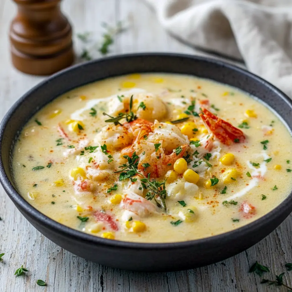 A warm bowl of Crab & Corn Chowder made with sweet corn, tender crab meat, and a creamy broth, garnished with fresh herbs for a comforting seafood dinner.