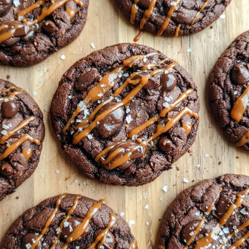 Sea Salt Caramel Cookies stacked with gooey centers, chocolate chunks, and caramel swirls, topped with flaky sea salt for a decadent Salted Caramel Cookies Recipe dessert experience.