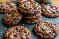 Decadent Chocolate Salted Caramel Cookies with Sea Salt Crunch2 Sea Salt Caramel Cookies stacked with gooey centers, chocolate chunks, and caramel swirls, topped with flaky sea salt for a decadent Salted Caramel Cookies Recipe dessert experience.