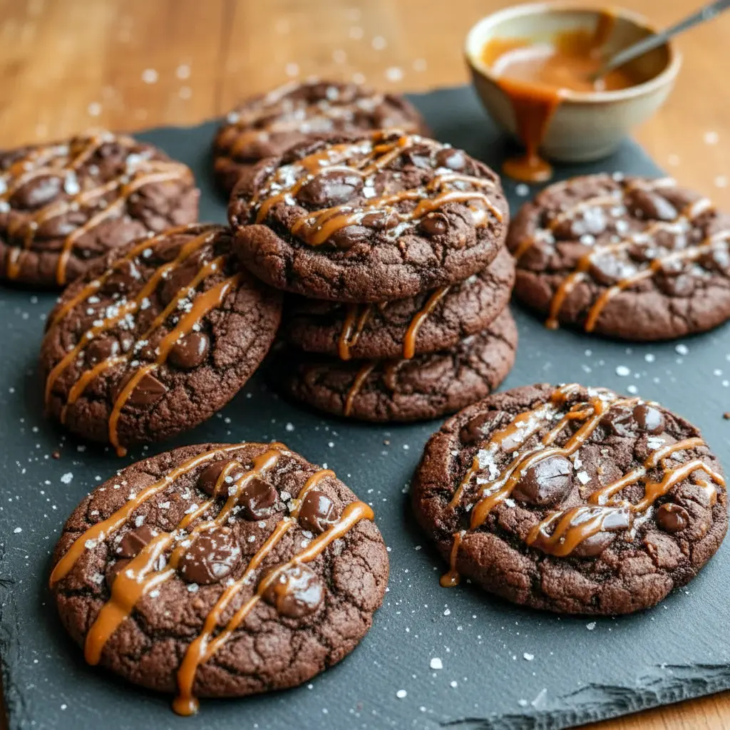 Sea Salt Caramel Cookies stacked with gooey centers, chocolate chunks, and caramel swirls, topped with flaky sea salt for a decadent Salted Caramel Cookies Recipe dessert experience.