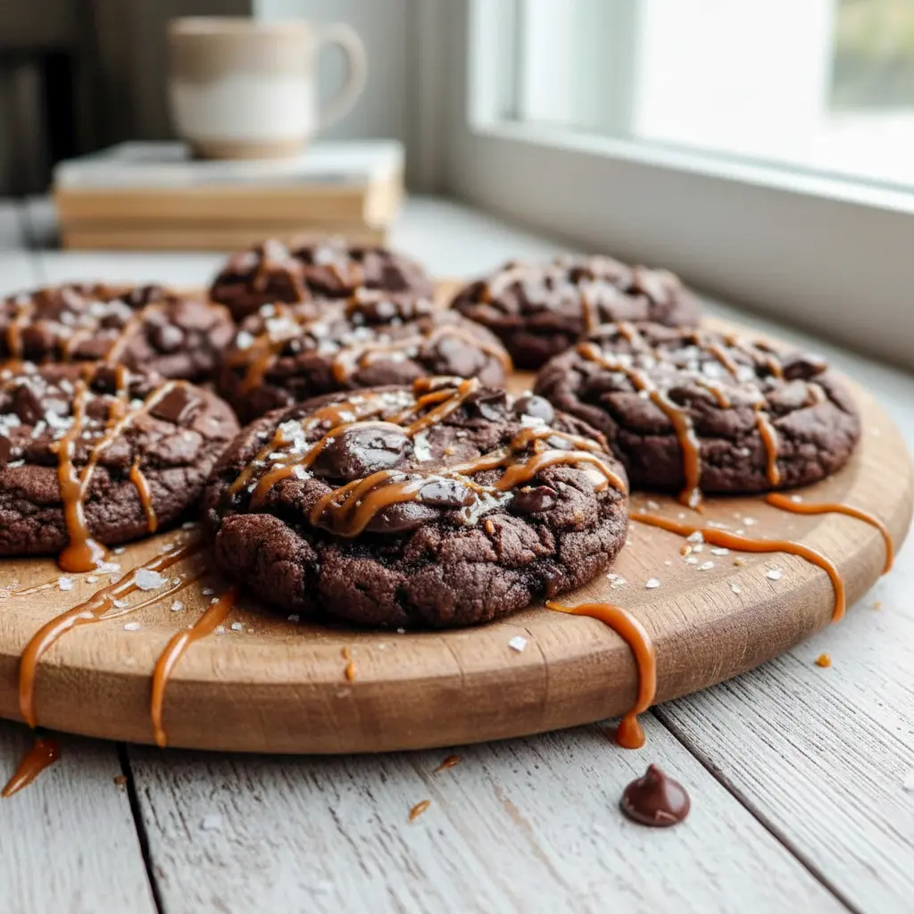 Sea Salt Caramel Cookies stacked with gooey centers, chocolate chunks, and caramel swirls, topped with flaky sea salt for a decadent Salted Caramel Cookies Recipe dessert experience.