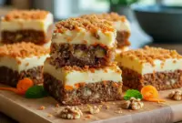 Golden, swirled Desserts With Carrots bars cooling in an 8x8 pan, topped with creamy ribbons and warm spices — a perfect example of indulgent Dessert Recipes With Cream Cheese ready to slice and serve.