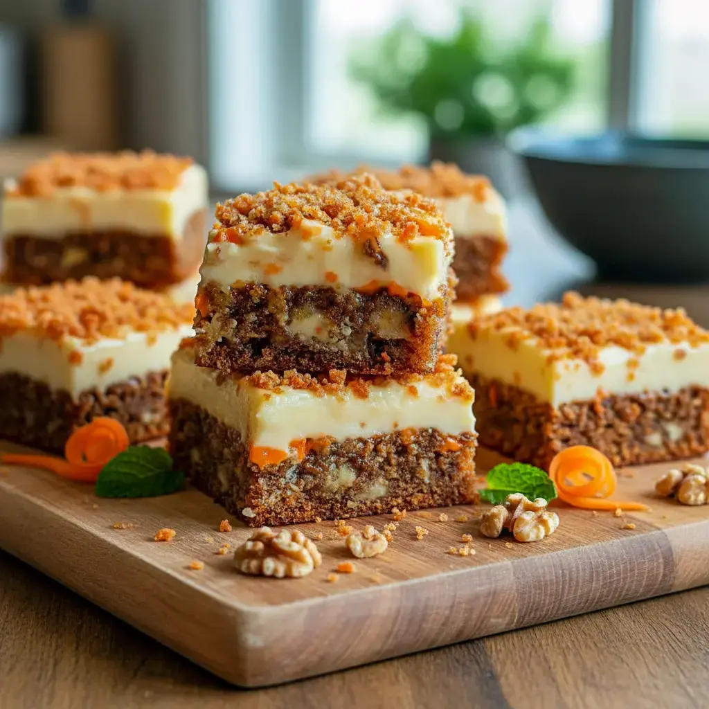 Golden, swirled Desserts With Carrots bars cooling in an 8x8 pan, topped with creamy ribbons and warm spices — a perfect example of indulgent Dessert Recipes With Cream Cheese ready to slice and serve.