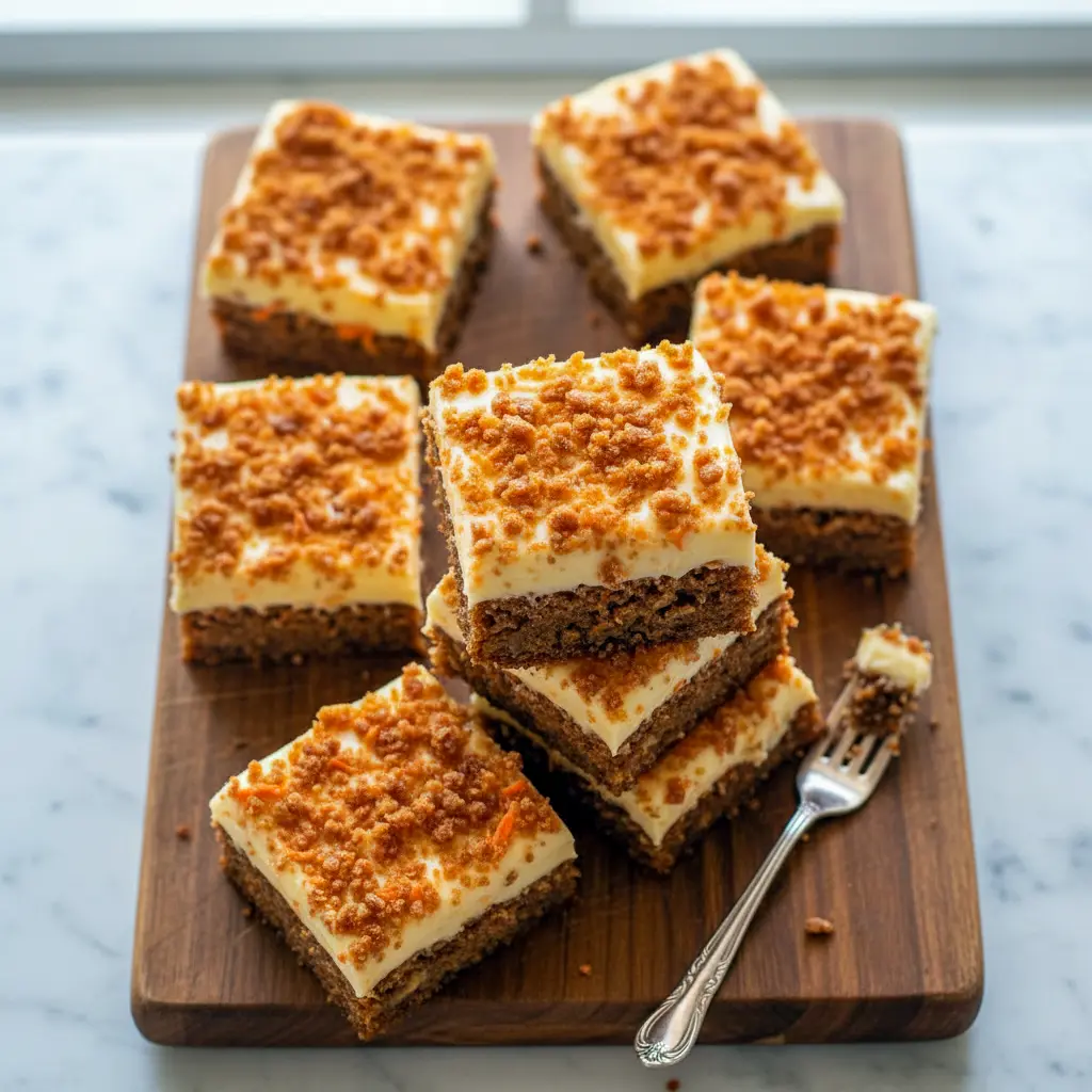 Golden, swirled Desserts With Carrots bars cooling in an 8x8 pan, topped with creamy ribbons and warm spices — a perfect example of indulgent Dessert Recipes With Cream Cheese ready to slice and serve.