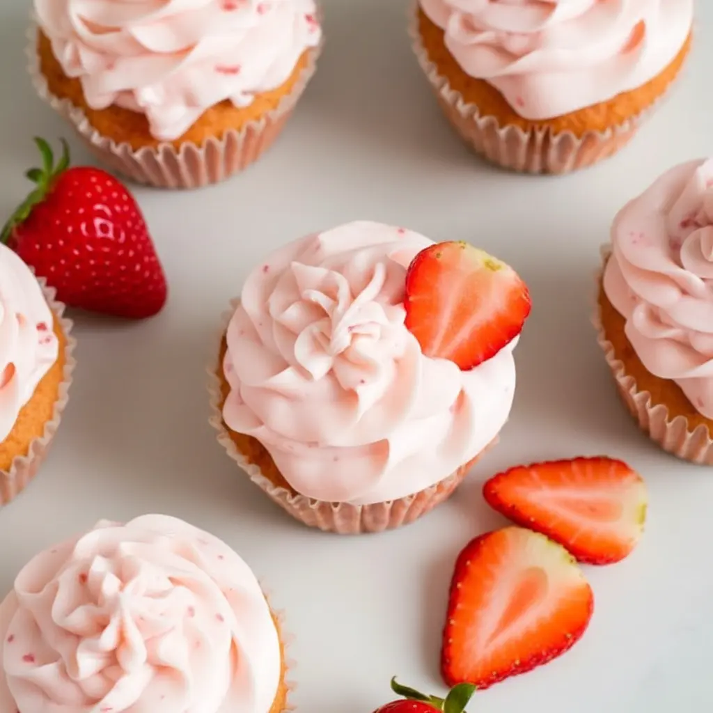 Soft pink Keto Strawberry Cupcakes swirled with rich Low Carb Strawberry Frosting, styled as elegant Sugar Free Strawberry Cupcakes bursting with fresh strawberry flavor.