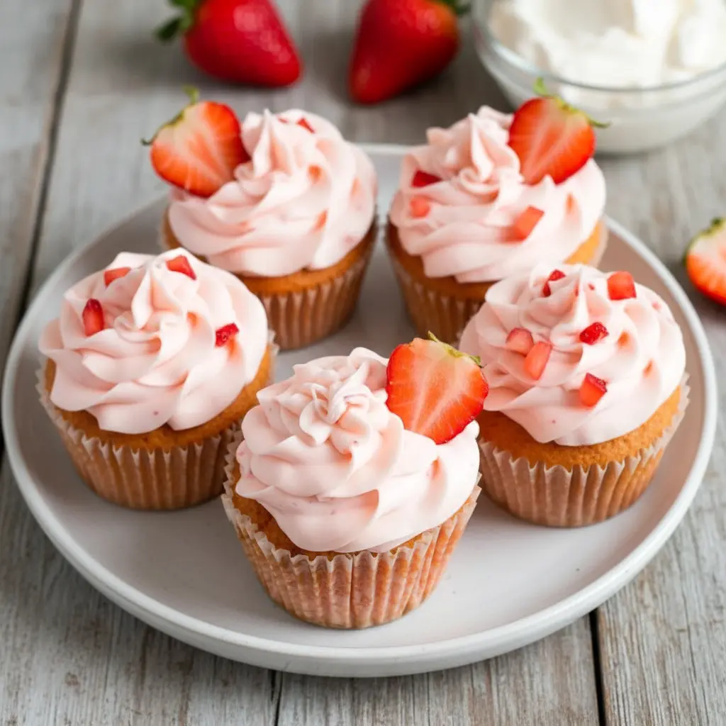 Soft pink Keto Strawberry Cupcakes swirled with rich Low Carb Strawberry Frosting, styled as elegant Sugar Free Strawberry Cupcakes bursting with fresh strawberry flavor.