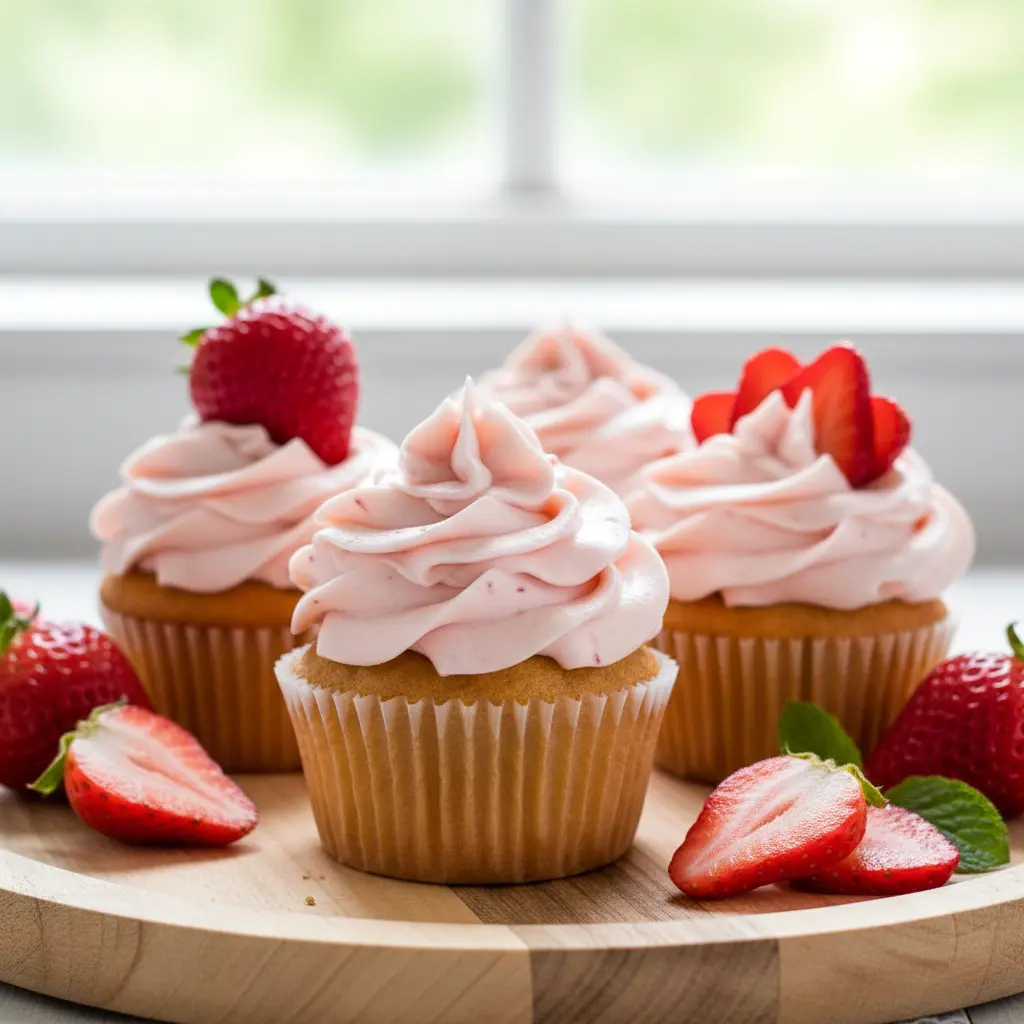 Soft pink Keto Strawberry Cupcakes swirled with rich Low Carb Strawberry Frosting, styled as elegant Sugar Free Strawberry Cupcakes bursting with fresh strawberry flavor.