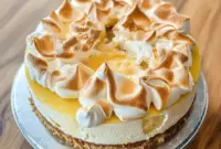 A slice of Lemon Meringue Cheesecake with a buttery crust, smooth lemon filling, glossy lemon curd, and golden meringue topping—an irresistible choice for Lemon Desserts and classic Homemade Cheesecake lovers.