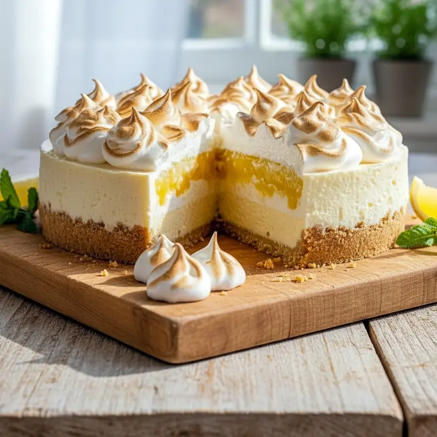 A slice of Lemon Meringue Cheesecake with a buttery crust, smooth lemon filling, glossy lemon curd, and golden meringue topping—an irresistible choice for Lemon Desserts and classic Homemade Cheesecake lovers.