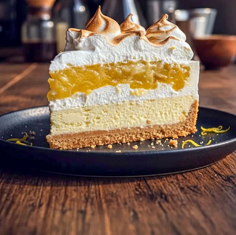 A slice of Lemon Meringue Cheesecake with a buttery crust, smooth lemon filling, glossy lemon curd, and golden meringue topping—an irresistible choice for Lemon Desserts and classic Homemade Cheesecake lovers.