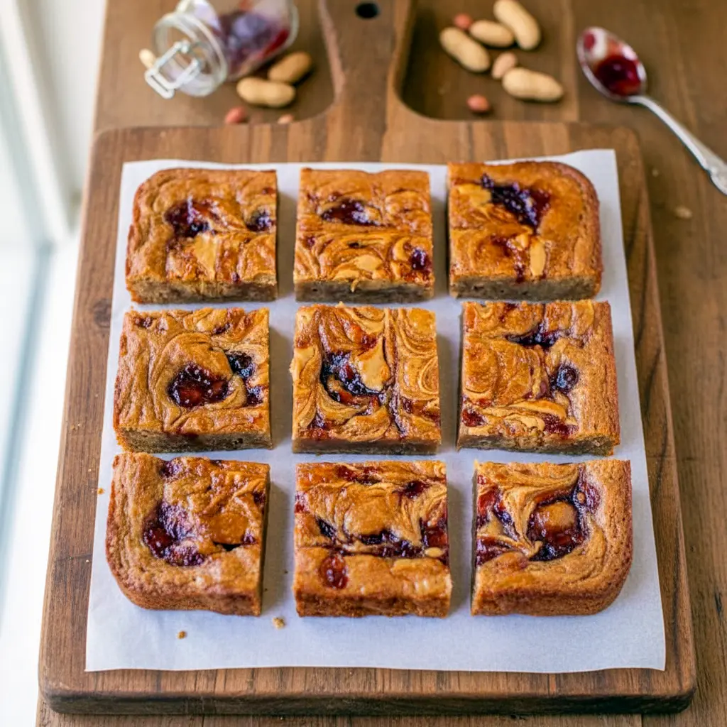 Close-up of thick, chewy blondie bars swirled with jam and peanut butter, showcasing a marbled top and dense texture—an indulgent Peanut Butter And Jelly Dessert that looks like homemade Pb And J Blondies fresh from the pan.