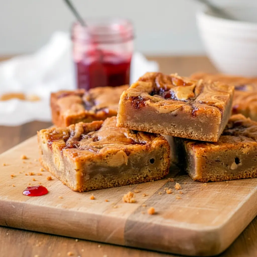 Close-up of thick, chewy blondie bars swirled with jam and peanut butter, showcasing a marbled top and dense texture—an indulgent Peanut Butter And Jelly Dessert that looks like homemade Pb And J Blondies fresh from the pan.