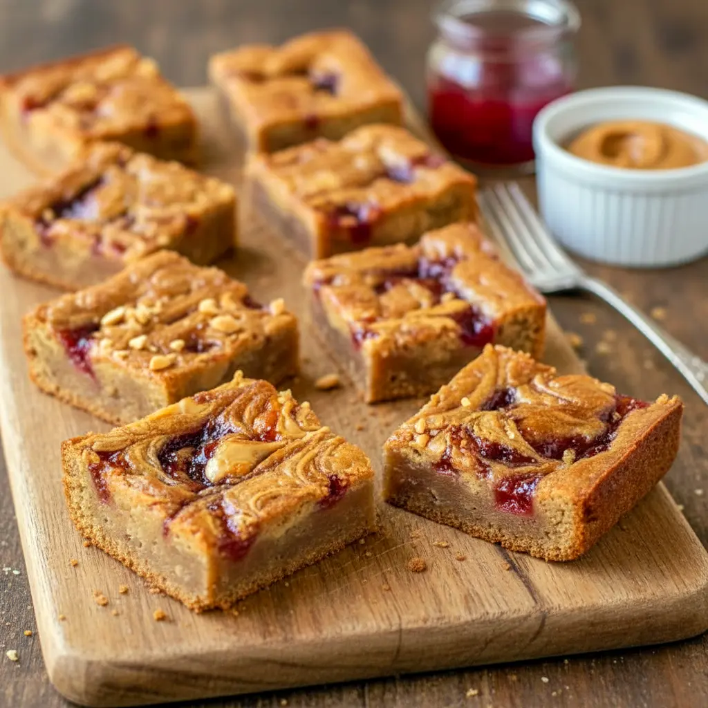 Close-up of thick, chewy blondie bars swirled with jam and peanut butter, showcasing a marbled top and dense texture—an indulgent Peanut Butter And Jelly Dessert that looks like homemade Pb And J Blondies fresh from the pan.