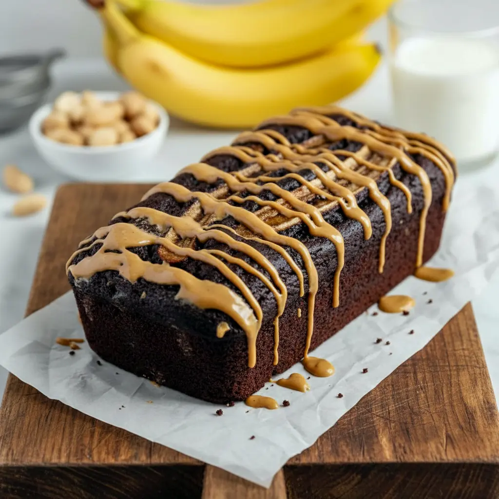 Freshly sliced Banana Bread Recipe Broma style loaf loaded with peanut butter and chocolate chunks, showing a moist crumb and glossy topping for a rich, dessert-like banana bread presentation.