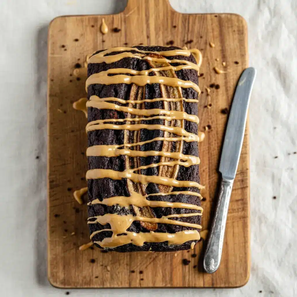 Freshly sliced Banana Bread Recipe Broma style loaf loaded with peanut butter and chocolate chunks, showing a moist crumb and glossy topping for a rich, dessert-like banana bread presentation.