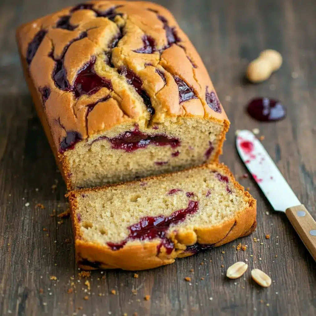 Thick slice of Peanut Butter & Jelly Flavored Banana Bread with vibrant jam swirls, showcasing a moist crumb in this homemade Breakfast Loaf Bread and comforting Easy Dessert Bread baked in a loaf pan.
