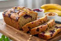Decadent Peanut Butter & Jelly Flavored Banana Bread – Perfect Breakfast Loaf2 Thick slice of Peanut Butter & Jelly Flavored Banana Bread with vibrant jam swirls, showcasing a moist crumb in this homemade Breakfast Loaf Bread and comforting Easy Dessert Bread baked in a loaf pan.