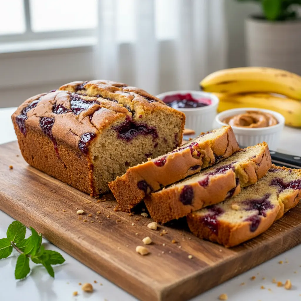 Thick slice of Peanut Butter & Jelly Flavored Banana Bread with vibrant jam swirls, showcasing a moist crumb in this homemade Breakfast Loaf Bread and comforting Easy Dessert Bread baked in a loaf pan.