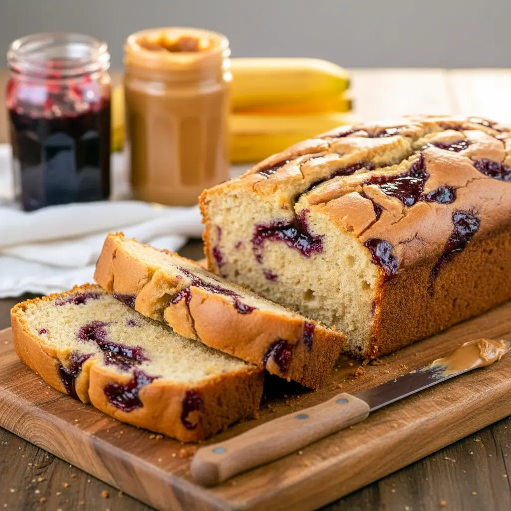 Thick slice of Peanut Butter & Jelly Flavored Banana Bread with vibrant jam swirls, showcasing a moist crumb in this homemade Breakfast Loaf Bread and comforting Easy Dessert Bread baked in a loaf pan.