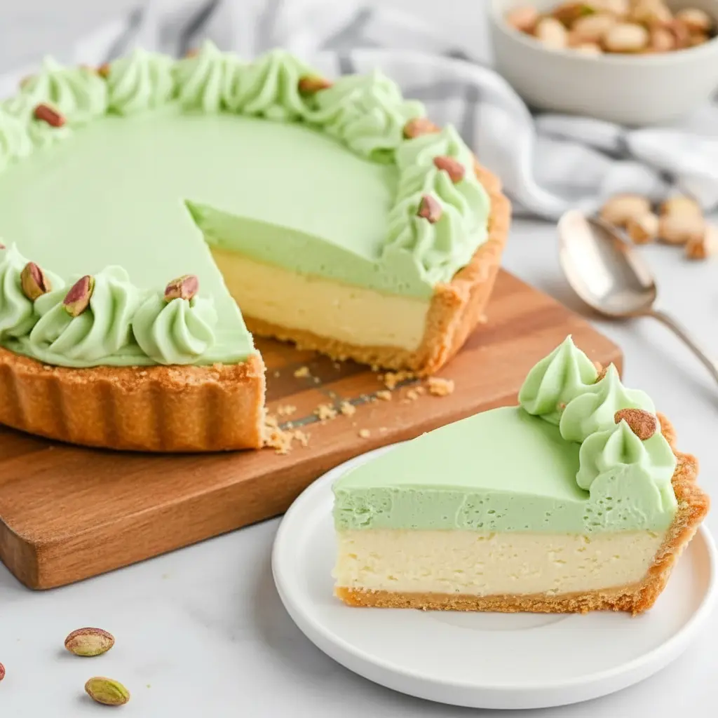 Slice of creamy Pistachio Pie Recipe topped with whipped cream and cherries in a Pie With Graham Cracker Crust, a fluffy Pistachio Cool Whip Dessert and classic Pistachio Pudding Cream Cheese Dessert perfect for any celebration.