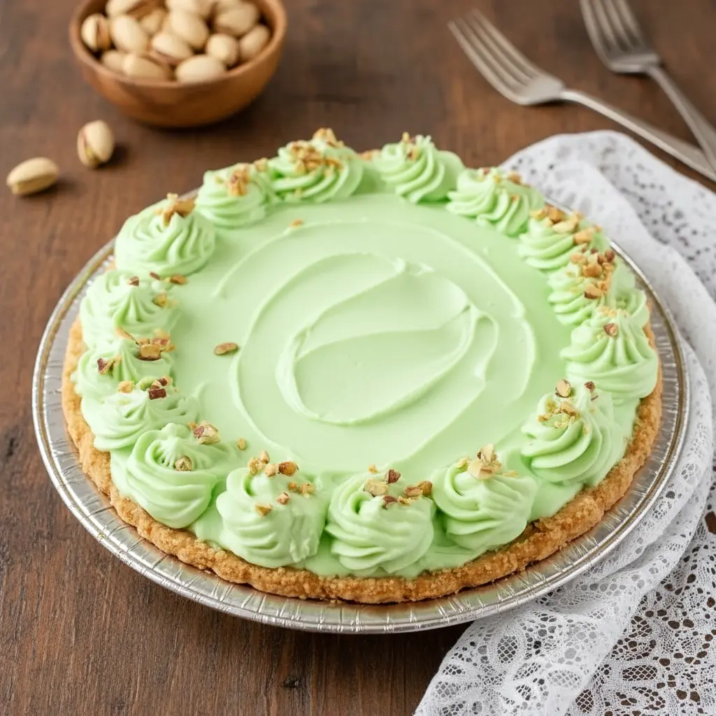Slice of creamy Pistachio Pie Recipe topped with whipped cream and cherries in a Pie With Graham Cracker Crust, a fluffy Pistachio Cool Whip Dessert and classic Pistachio Pudding Cream Cheese Dessert perfect for any celebration.