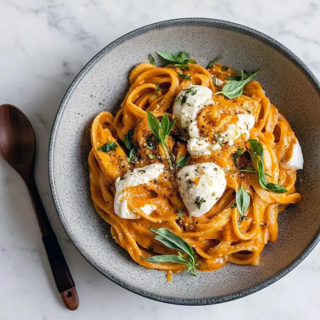 Bowl of silky Red Pepper Pasta topped with burrata and herbs, styled as rich Savoury Food perfect for cozy homemade Pasta Dishes.