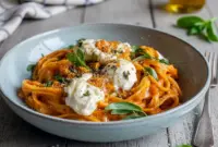 Bowl of silky Red Pepper Pasta topped with burrata and herbs, styled as rich Savoury Food perfect for cozy homemade Pasta Dishes.