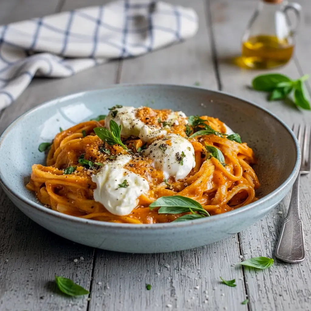 Bowl of silky Red Pepper Pasta topped with burrata and herbs, styled as rich Savoury Food perfect for cozy homemade Pasta Dishes.