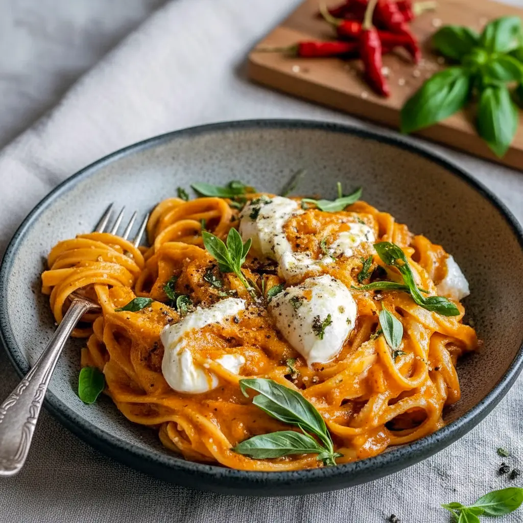 Bowl of silky Red Pepper Pasta topped with burrata and herbs, styled as rich Savoury Food perfect for cozy homemade Pasta Dishes.