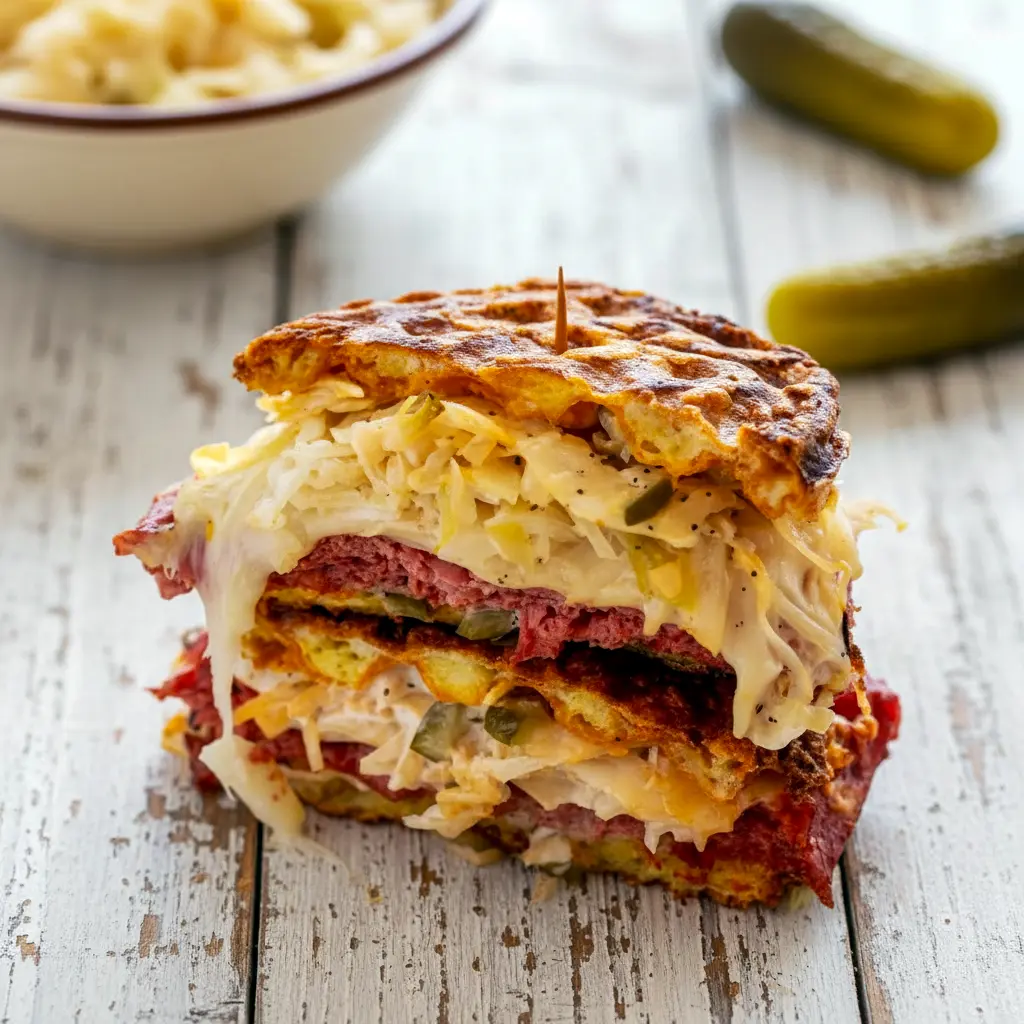 Golden chaffle stacked with corned beef, Swiss cheese, and sauerkraut, showcasing indulgent Keto Sandwich Ideas and crispy Keto Chaffles Low Carb sandwich perfection.