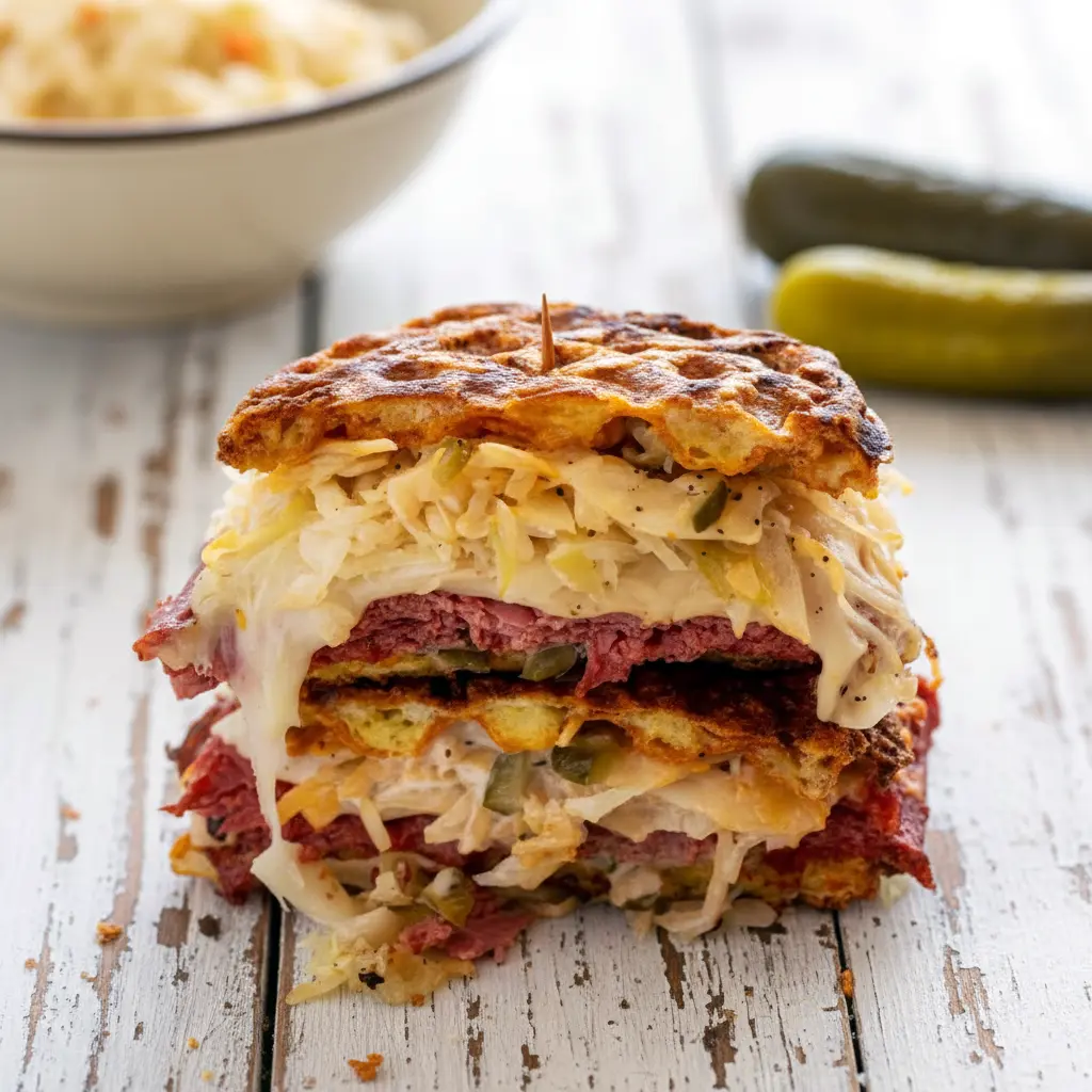 Golden chaffle stacked with corned beef, Swiss cheese, and sauerkraut, showcasing indulgent Keto Sandwich Ideas and crispy Keto Chaffles Low Carb sandwich perfection.