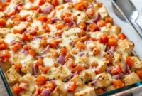 Freshly baked Bruschetta Chicken Casserole topped with vibrant tomatoes and melted cheese, a flavorful Chicken Bruschetta dish ideal for quick Shredded Chicken Dinner Ideas and easy homemade comfort food.