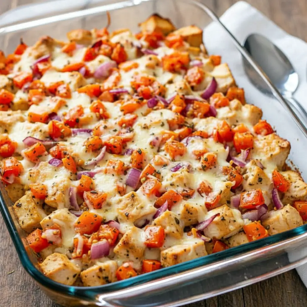 Freshly baked Bruschetta Chicken Casserole topped with vibrant tomatoes and melted cheese, a flavorful Chicken Bruschetta dish ideal for quick Shredded Chicken Dinner Ideas and easy homemade comfort food.