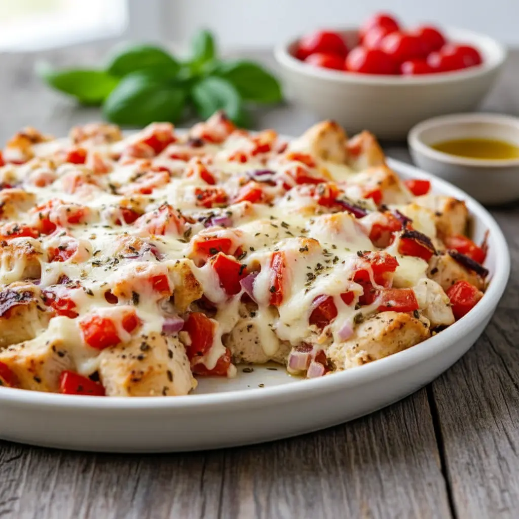 Freshly baked Bruschetta Chicken Casserole topped with vibrant tomatoes and melted cheese, a flavorful Chicken Bruschetta dish ideal for quick Shredded Chicken Dinner Ideas and easy homemade comfort food.