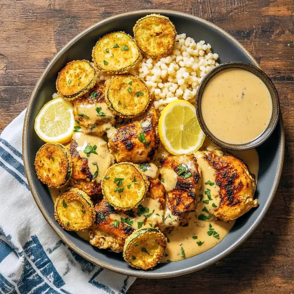 This Healthy Creamy Dinner features golden lemon butter chicken topped with creamy sauce, served alongside crispy mozzarella zucchini rounds and fluffy couscous for a vibrant One Dish Healthy Meal.