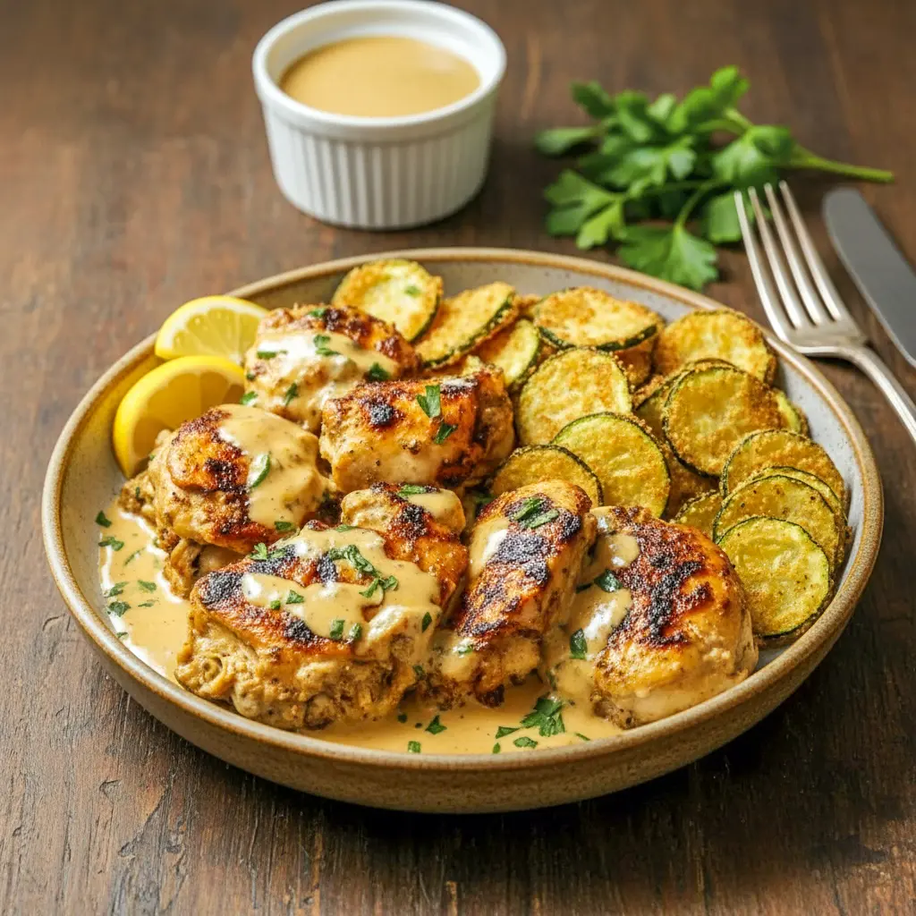 This Healthy Creamy Dinner features golden lemon butter chicken topped with creamy sauce, served alongside crispy mozzarella zucchini rounds and fluffy couscous for a vibrant One Dish Healthy Meal.
