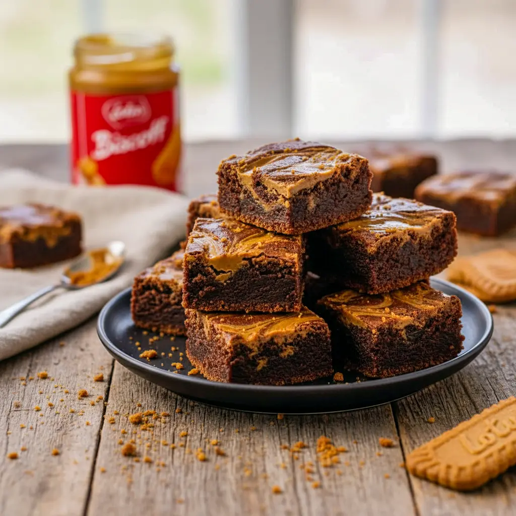Biscoff Brownies with a crackly top and thick, fudgy texture, featuring dramatic Biscoff Swirls and layers of rich Cookie Butter Brownies baked to perfection.